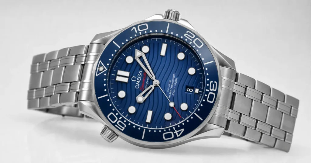 Do Omega watches hold their value: an Omega Seamaster Diver 300M with a blue wave dial on a plain white background