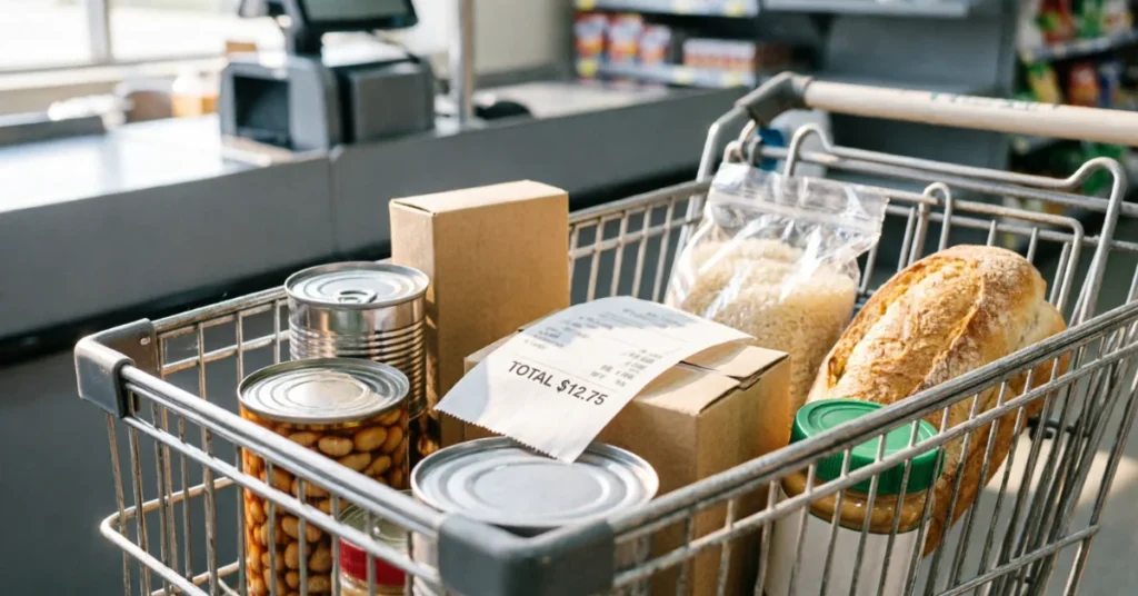 Dollar tree grocery hidden gems: modest cart of pantry staples with a $12.75 receipt total at checkout