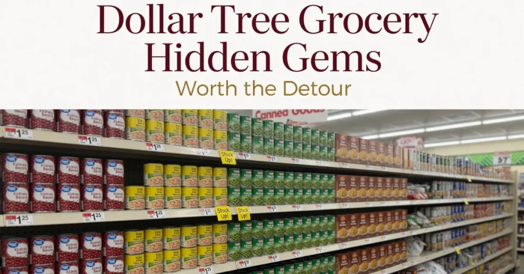 Dollar tree grocery hidden gems: canned beans, tuna, and pantry boxes on shelves with $1.25 price tags