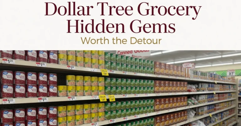 Dollar tree grocery hidden gems: canned beans, tuna, and pantry boxes on shelves with $1.25 price tags