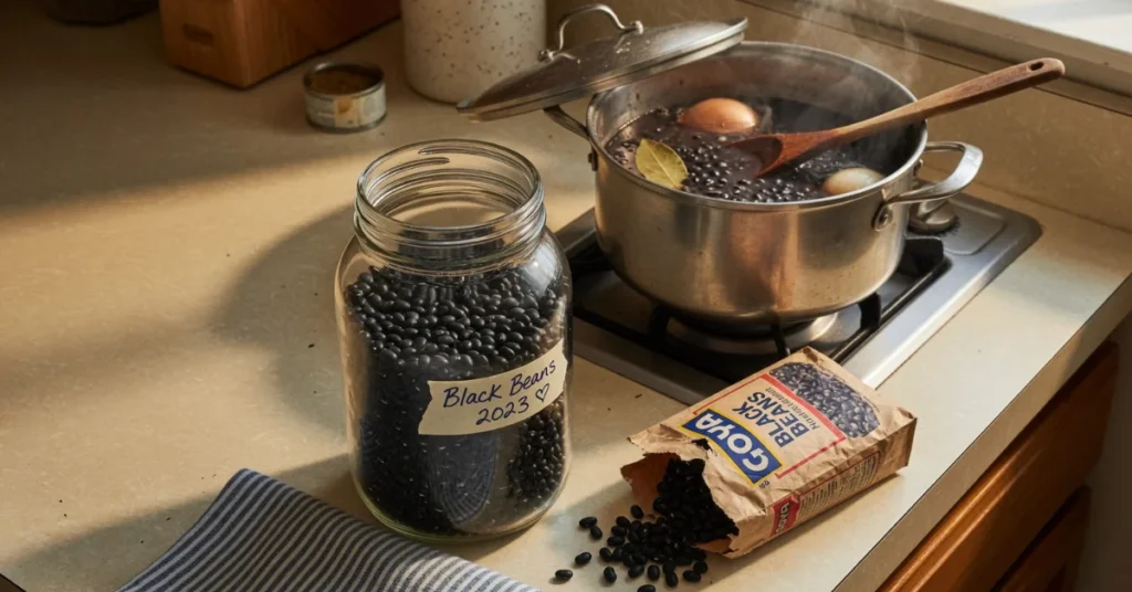 Dollar tree grocery hidden gems: jar of dried black beans beside a Goya bag and a simmering pot