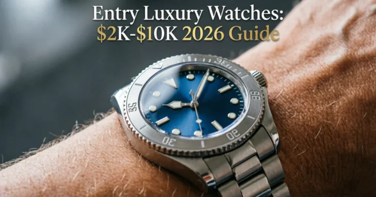 Blue dial dive watch on wrist with steel bracelet