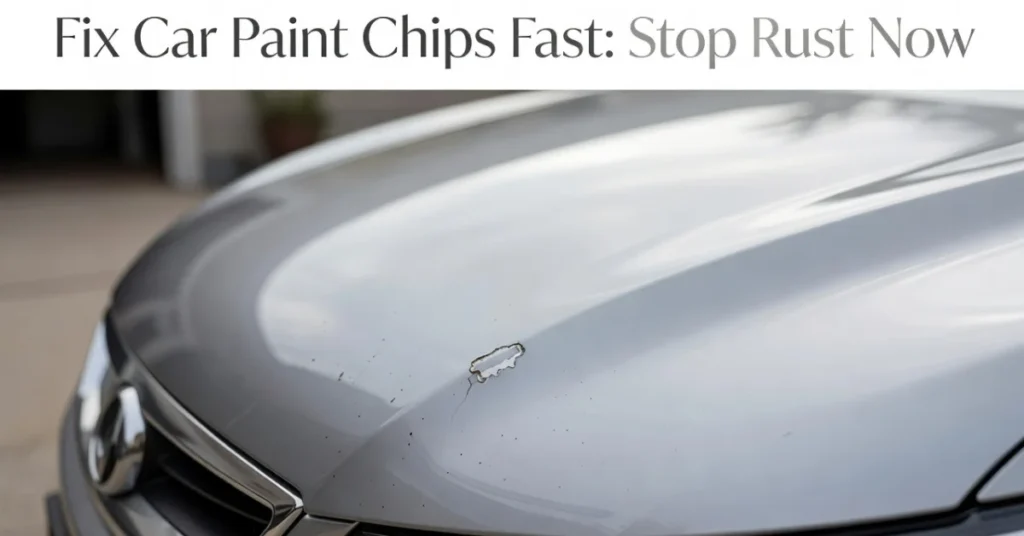 Fix car paint chips fast: close-up of a fresh paint chip on a silver car hood