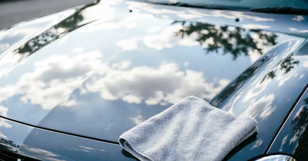 Fix car paint chips: freshly polished chip-free hood with a microfiber towel after detailing