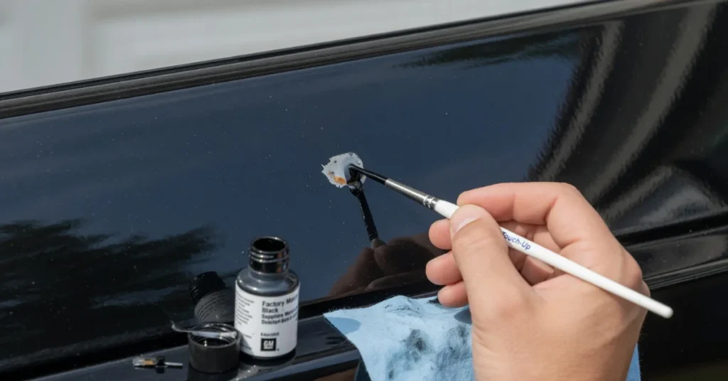 Fix car paint chips: hand applying factory-match touch-up paint to a chipped spot on a black panel