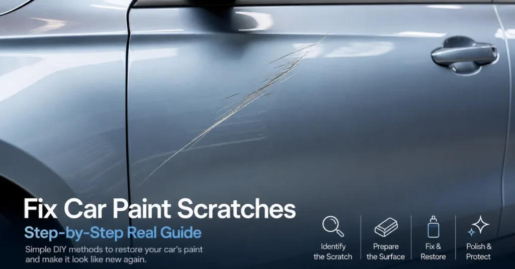 Close-up of a scratch on a metallic blue car door with step-by-step repair icons