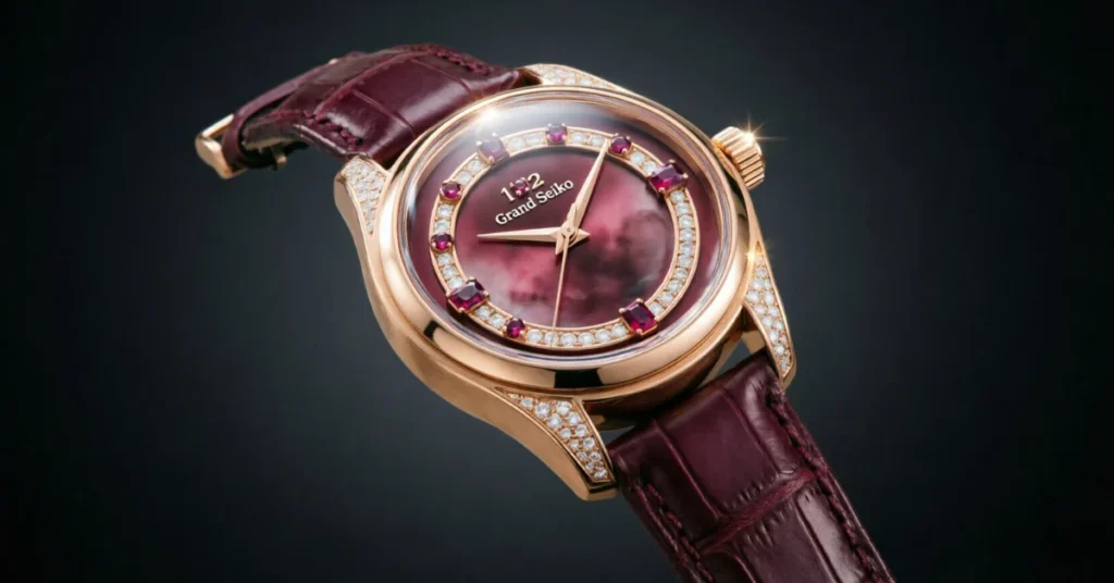 Grand Seiko Red Lion 2025 rose gold watch with burgundy dial and official documentation