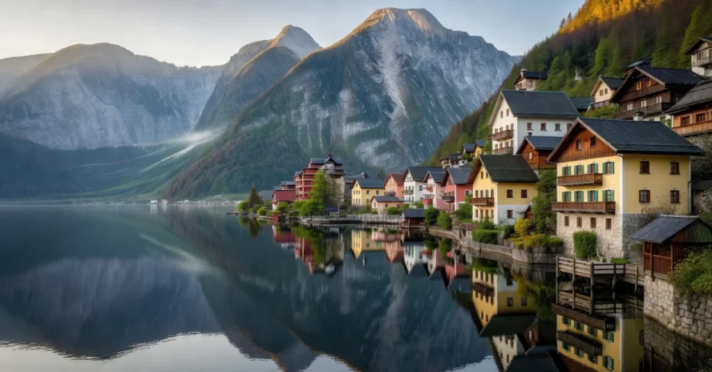 Hallstatt Austria lake view with church steeple and snow-capped mountains reflected in water