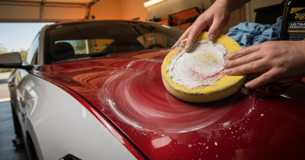Hands working rubbing compound into a red car hood with a yellow foam applicator pad in a garage
