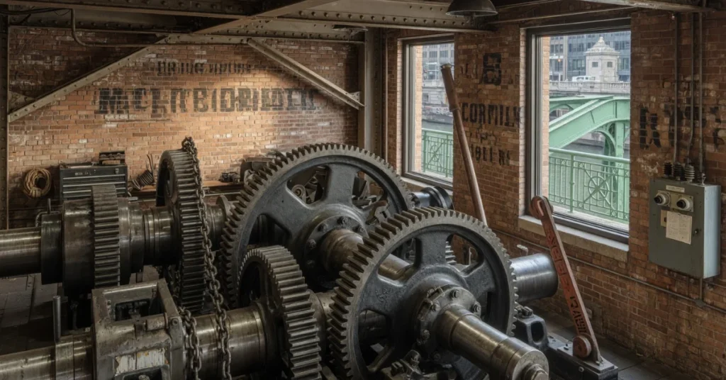Hidden gem Chicago: the McCormick Bridgehouse gear room with the Michigan Avenue Bridge visible through the window