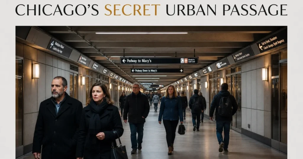 Hidden gem Chicago: pedestrians walking a well-lit Pedway tunnel with signage beneath downtown Chicago