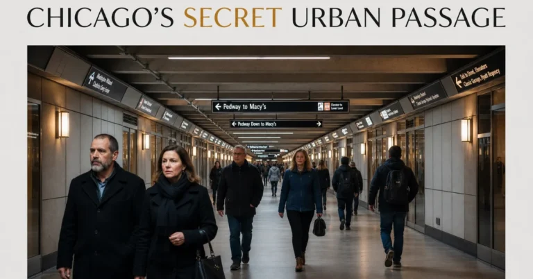 Hidden gem Chicago: pedestrians walking a well-lit Pedway tunnel with signage beneath downtown Chicago