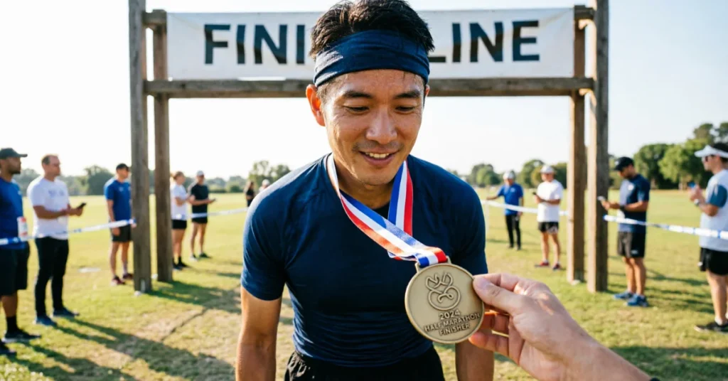 Hidden gem half marathon: a smiling runner receiving a 2024 half marathon finisher medal at a modest wooden finish line