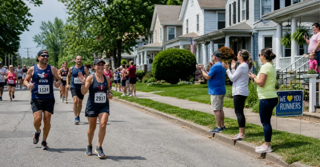Hidden gem half marathon: runners waving as neighbors cheer from the curb beside a "We love you runners" sign
