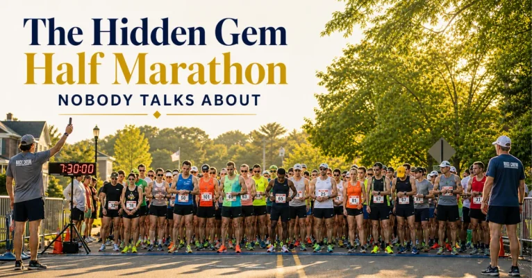 Hidden gem half marathon: runners gathered at the start line of a small road race on a tree-lined suburban street in golden morning light