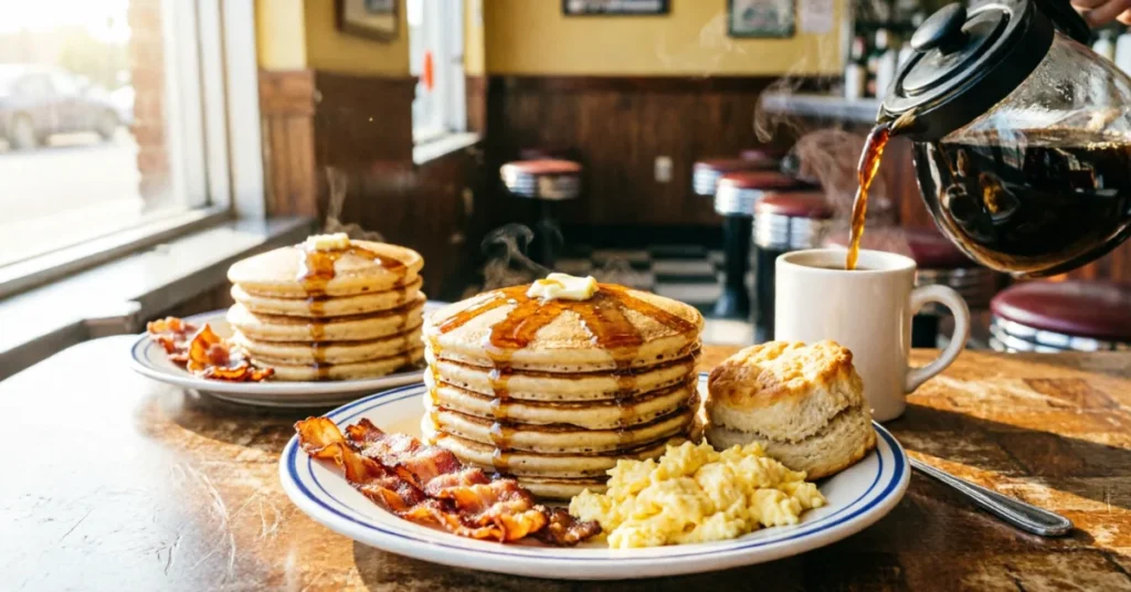 Hidden gem restaurants in Myrtle Beach: a diner breakfast spread of pancakes, bacon, eggs, and a biscuit with coffee pouring