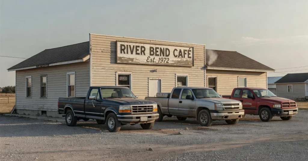 Hidden gem restaurants in Myrtle Beach: a modest small-town cafe with a gravel lot and local trucks parked outside
