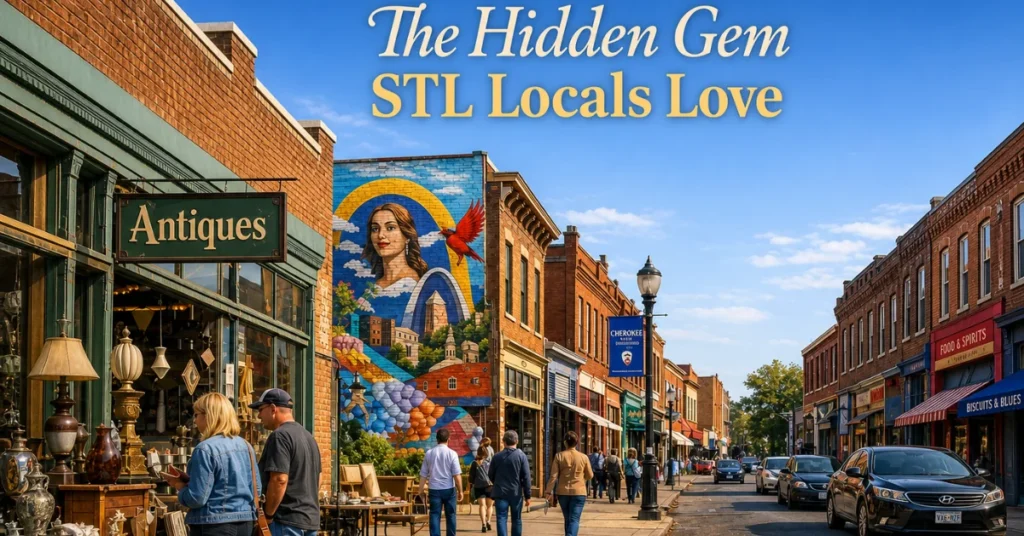 Hidden gem STL: Cherokee Street's antique row with a Gateway Arch mural and locals browsing storefronts