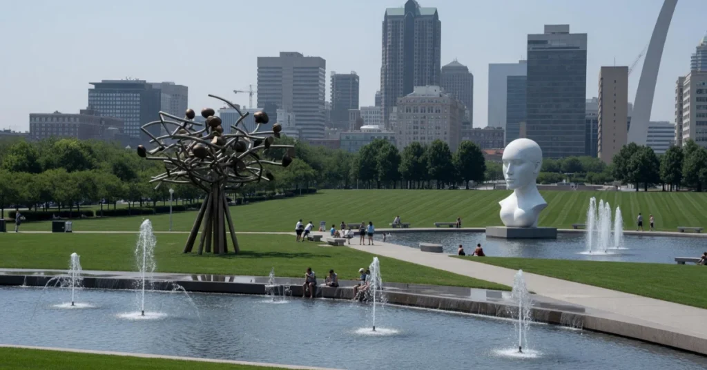 Hidden gem STL: Citygarden's fountains and sculptures with the downtown St. Louis skyline behind
