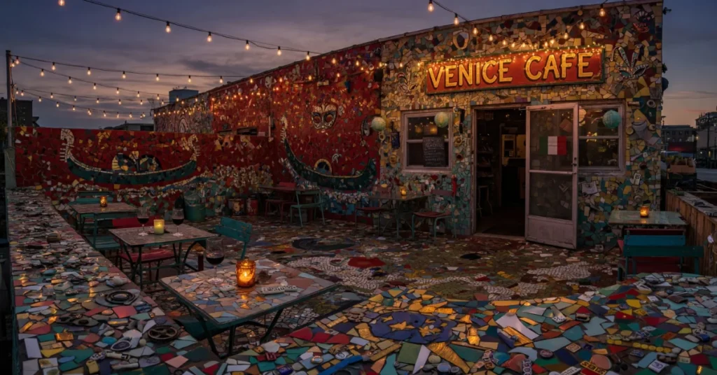 Hidden gem STL: Venice Cafe's mosaic-covered patio at dusk with string lights and candlelit tables