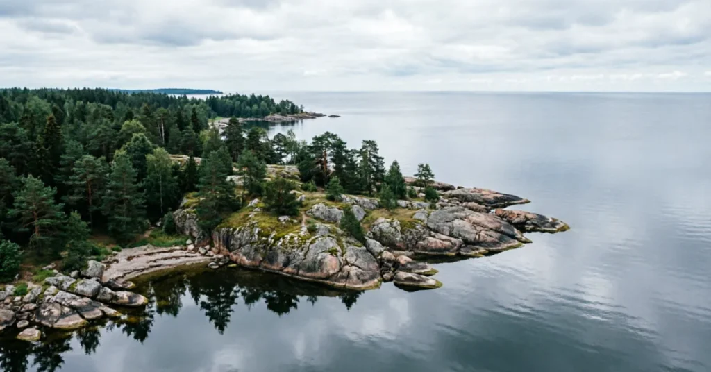 Hidden gems in Europe: an aerial view of a remote Estonian island headland with pines and a calm grey-blue sea
