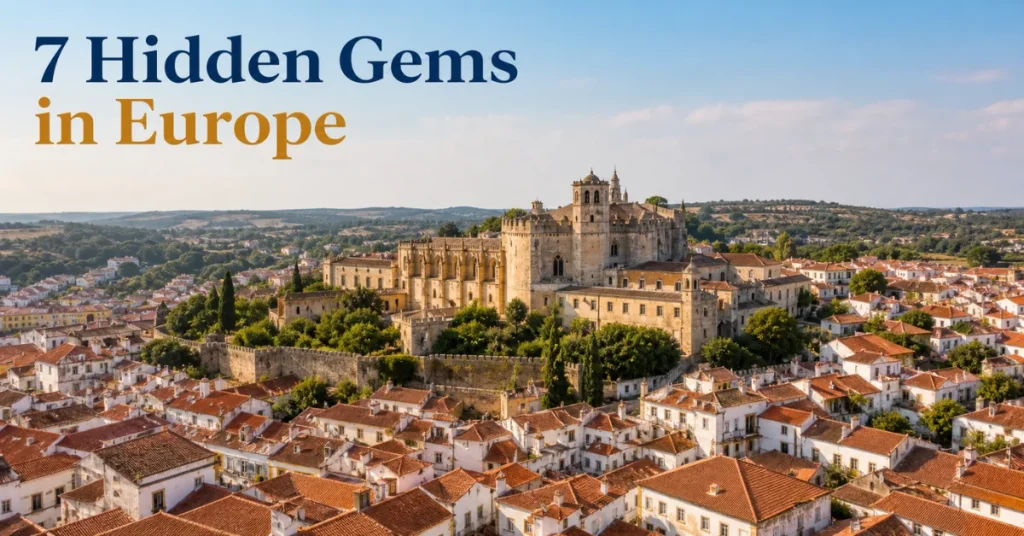Hidden gems in Europe: Tomar's Convento de Cristo rising over a sea of terracotta rooftops in warm gold light