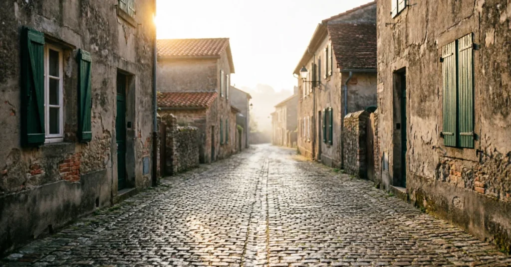Hidden gems in Europe: an empty cobblestone street in a small stone village in misty morning light