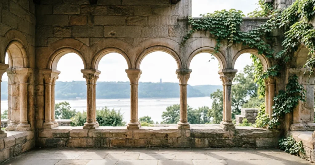 Hidden gems in NYC: the Cloisters' stone cloister arches framing the Hudson River from Fort Tryon Park