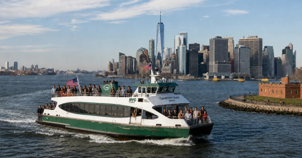Hidden gems in NYC: a Governors Island ferry crossing the harbor with the Lower Manhattan skyline behind