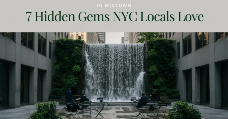Hidden gems in NYC: a Midtown pocket park waterfall framed by ivy walls and office towers with movable chairs
