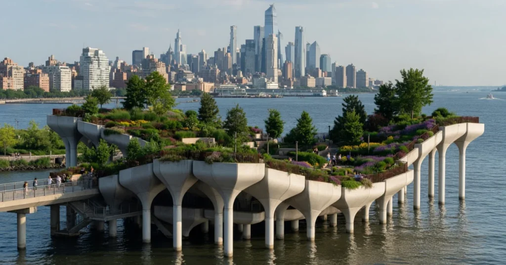 Hidden gems in NYC: Little Island at Pier 55 with its tulip-shaped concrete planters above the Hudson and the Manhattan skyline beyond