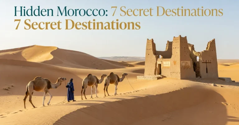 Camel caravan with guide in blue robes crossing Sahara dunes past ancient kasbah ruins in Morocco