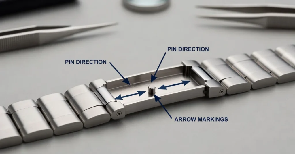 How do you adjust a Seiko watch band: labeled diagram showing pin direction and arrow markings on a steel bracelet