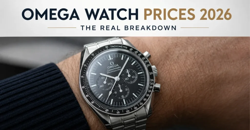 How much are Omega watches: a steel Omega Speedmaster Professional Moonwatch on a wrist showing the black dial and tachymeter bezel