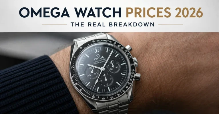 How much are Omega watches: a steel Omega Speedmaster Professional Moonwatch on a wrist showing the black dial and tachymeter bezel