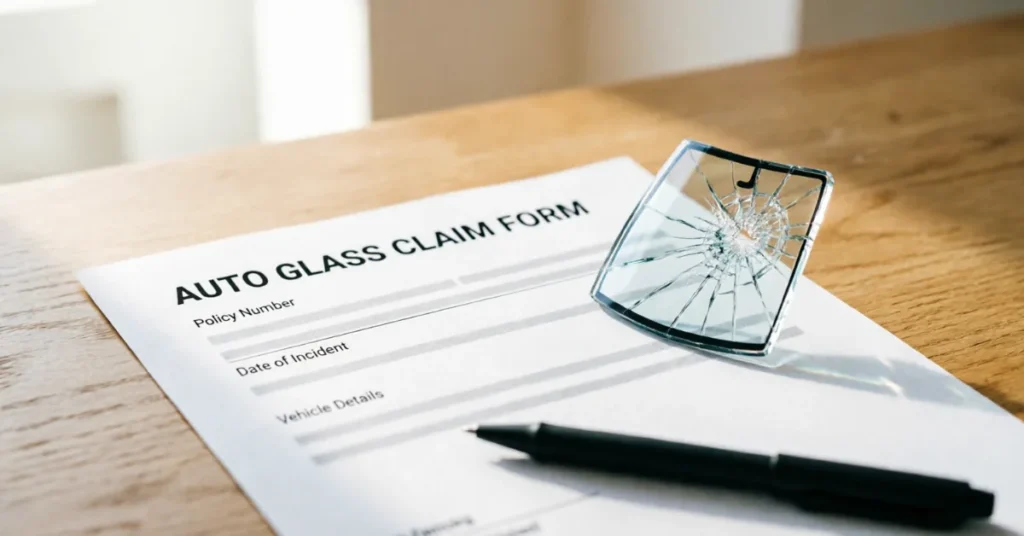 How much does it cost to fix a car window: auto glass claim form with a cracked windshield icon and pen