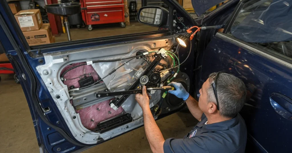 How much does it cost to fix a car window: technician replacing the window regulator inside a removed door panel