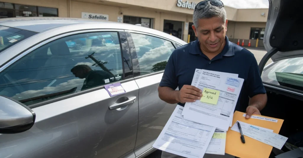 How much to fix a broken window car: a driver reviewing an approved glass repair claim beside his car at an auto glass shop