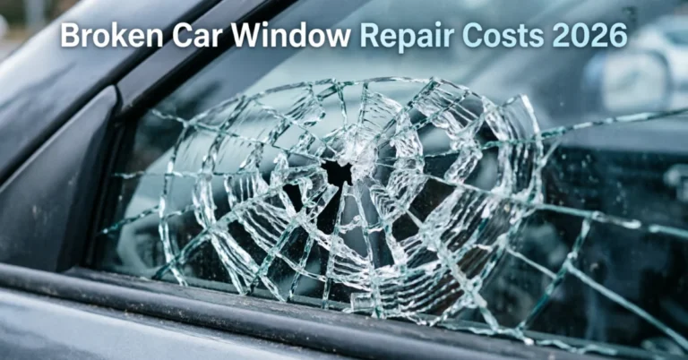 How much to fix a broken window car: close-up of a shattered side window with a spiderweb crack and hole