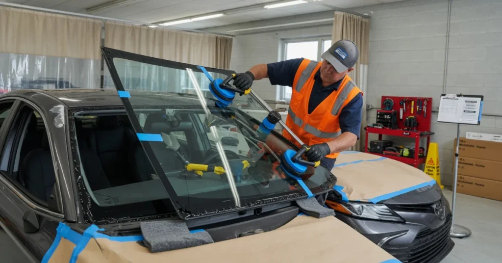 How much to fix a broken window car: technician fitting a new windshield into a sedan frame with suction lifters