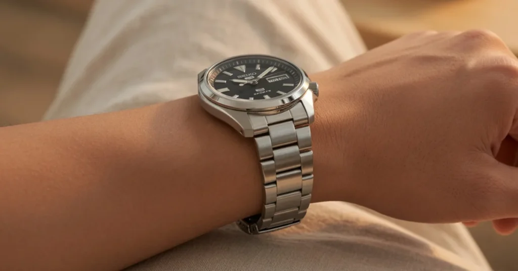 How to adjust a Seiko watch band: fitted Seiko 5 Sports bracelet sitting properly on a wrist