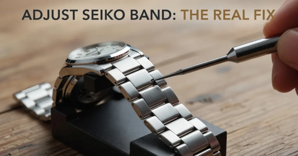 How to adjust a Seiko watch band: pin-removal tool against a steel bracelet link on a holding block