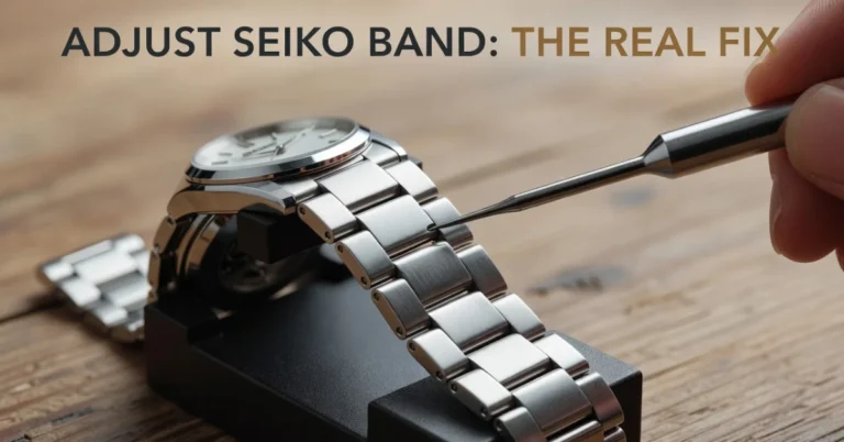 How to adjust a Seiko watch band: pin-removal tool against a steel bracelet link on a holding block