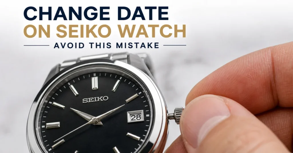 How to change date on a Seiko watch: fingers pulling the crown to the first click with the date window showing 28