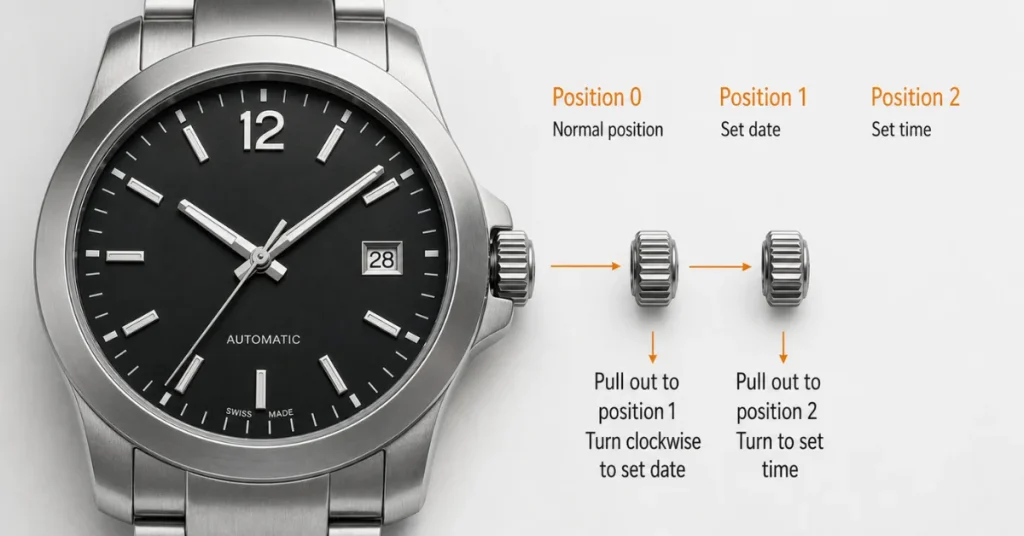 How to change date on a Seiko watch: diagram of crown positions 0, 1, 2 with date and time setting functions