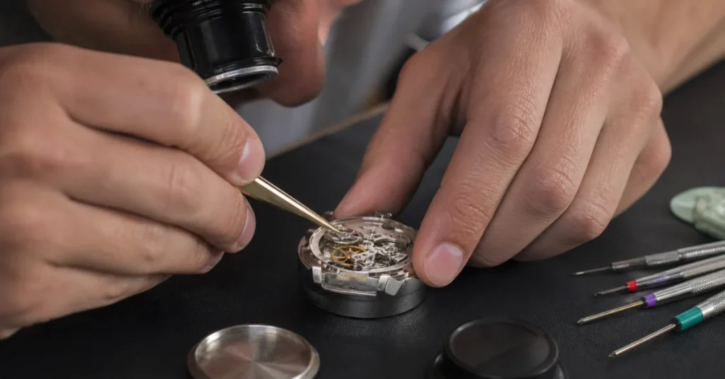 How to change date on a Seiko watch: a watchmaker working on an open movement with tweezers and precision screwdrivers nearby