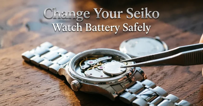 How to change Seiko watch battery: tweezers placing a silver oxide cell into an open Seiko case back on a wooden table
