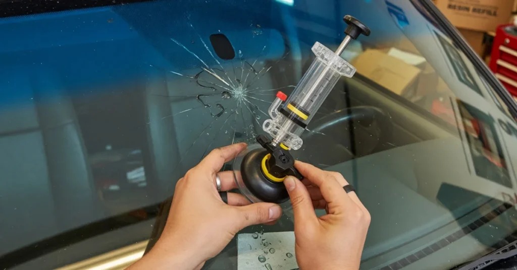 How to fix a car window crack: hands setting a suction-cup resin injector over a star crack on a windshield