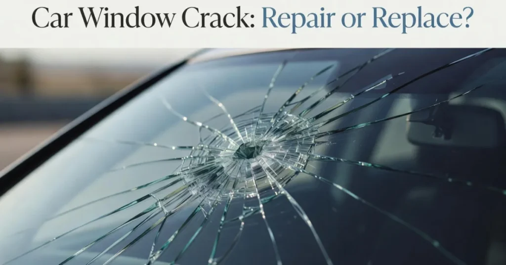 How to fix a car window crack: close-up of a star-shaped rock chip spreading across a windshield