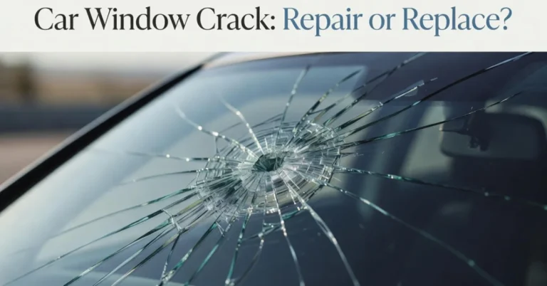How to fix a car window crack: close-up of a star-shaped rock chip spreading across a windshield